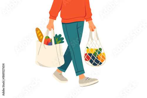 Person carrying groceries in reusable bags