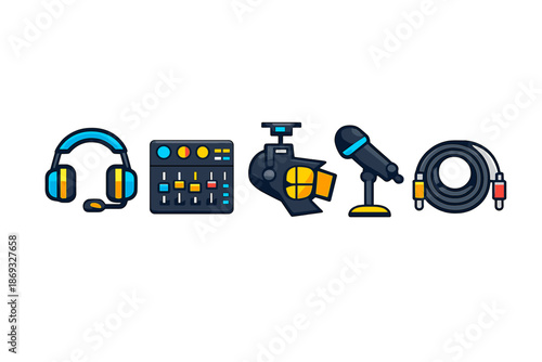 Audio and lighting equipment icons on a dark background