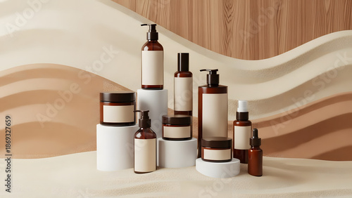 Cosmetics Product Display with Skincare Bottles and Jars