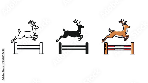 Set of three icons representing a deer jumping over an obstacle, including outline, silhouette and colored versions, suitable for equestrian sports or wildlife themes