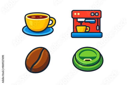Coffee icons: cup, machine, bean, and robot vacuum