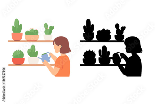 Woman watering houseplants on shelves