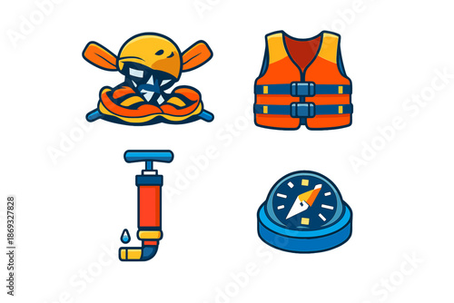 Set of water sport icons: raft, life vest, pump, compass