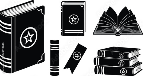 Black silhouette vector art of hardcover star marked books stacked open and upright with bookmark and detailed page lines in minimalist flat design style