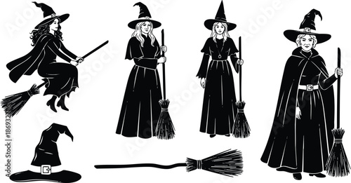 Black and white vintage style witches flying and standing with brooms wearing pointed hats and cloaks detailed vector art set of four magical female characters and broomstick