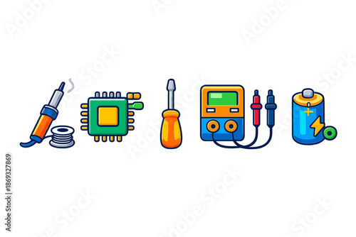 Electronics tools and components cartoon icons set