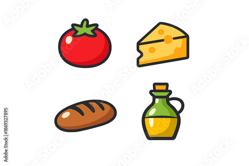 Food icons: Tomato, cheese, bread, and olive oil