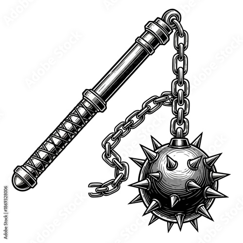 Medieval Flail Weapon Illustration – Spiked Ball Chain Mace for History, Fantasy & Combat Design