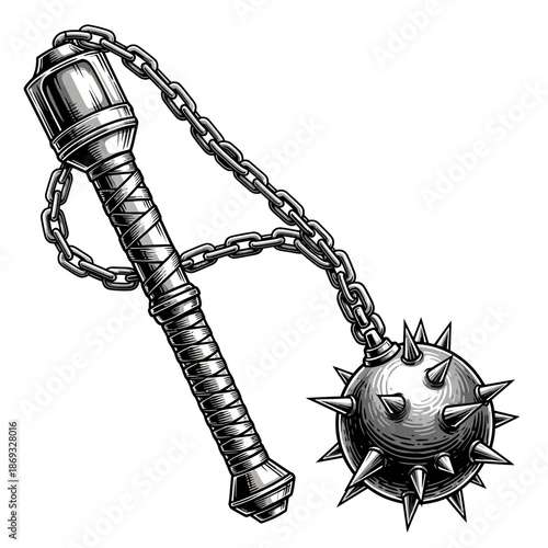 Medieval Flail Weapon Illustration – Spiked Ball Chain Mace for History, Fantasy & Combat Design