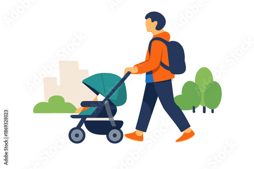 Parent pushing stroller in park at dusk