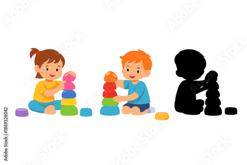 Children playing with colorful stacking toys