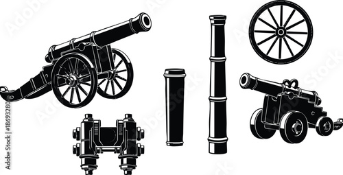 Black and white silhouette vintage cannon vector set with detailed wheels barrel and carriage parts isolated on white background