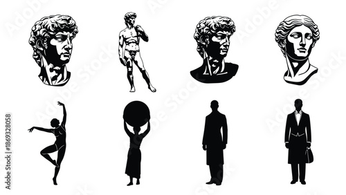 Ancient Greek Statue Head Vector Set, Classical David Sculpture Icons, Artistic Human Figures, Elegant Ballet Dancer and Professional Waiter Silhouettes, History Art