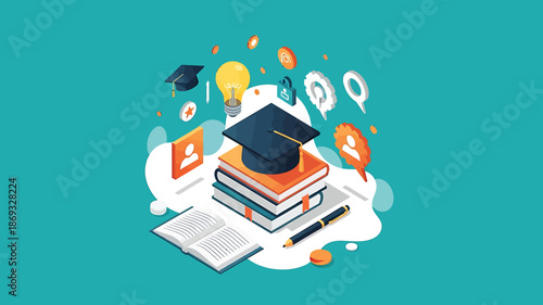 Education Concept Illustration Graduation, Books, Lightbulb, Online Learning