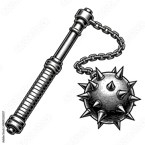 Medieval Flail Weapon Illustration – Spiked Ball Chain Mace for History, Fantasy & Combat Design
