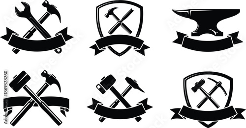 Black silhouette crossed hammer and wrench tools with ribbon banners and shield emblems collection of workshop and construction vector icons in simple minimalistic style