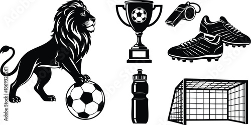 Bold flat design lion with soccer ball and trophy with whistle cleats water bottle and goalpost icons in black vector art style isolated on white background