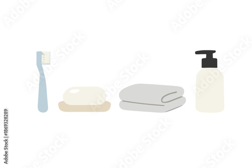 Minimalist bathroom essentials: toothbrush, soap, towel, and dispenser