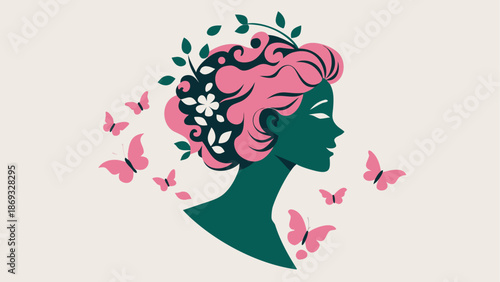 Silhouette of a woman with flowers and butterflies