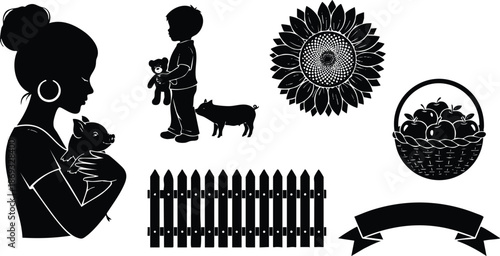 Silhouette vector art showing woman holding piglet close with boy holding teddy bear near miniature pig alongside sunflower basket of apples wooden fence and blank ribbon banner design