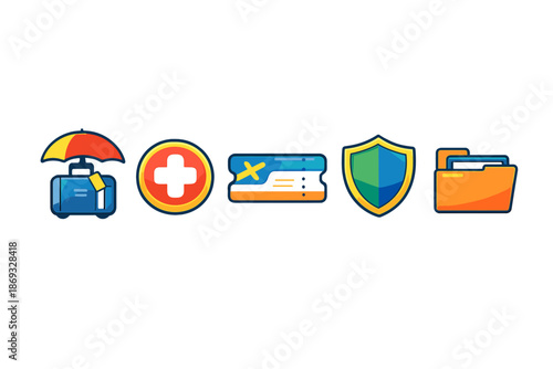 Set of five icons representing travel insurance, medical services, flight tickets, protection, and documents.