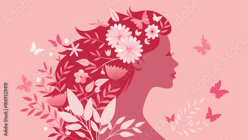 Silhouette of a woman with flowers and butterflies