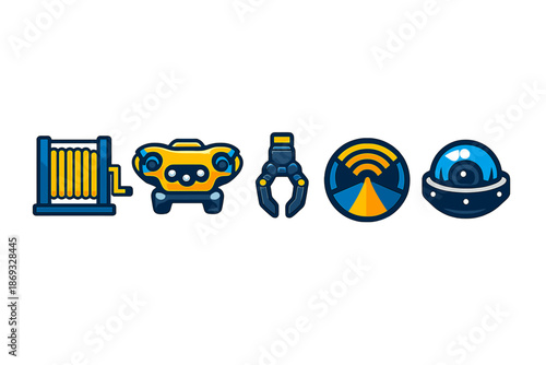 Set of futuristic robotic icons with a dark background