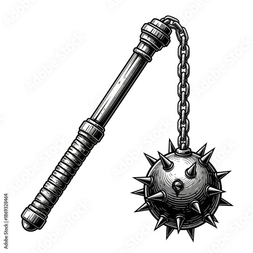 Medieval Flail Weapon Illustration – Spiked Ball Chain Mace for History, Fantasy & Combat Design
