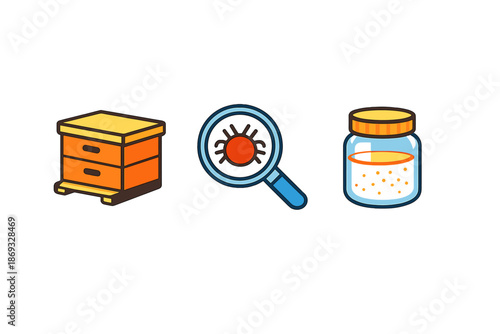Beehive, magnifying glass with bug, and honey jar icons