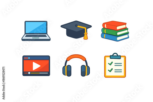 Online learning and education icons on dark background