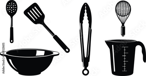 Black silhouette kitchen utensils collection with bowl spatula spoon tongs whisk and measuring cup isolated on white background simple cooking tools vector art design set