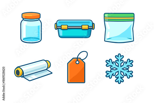 Collection of food storage icons with glowing outlines