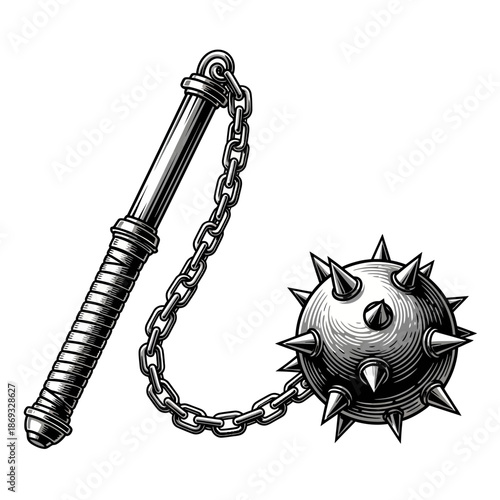 Medieval Flail Weapon Illustration – Spiked Ball Chain Mace for History, Fantasy & Combat Design