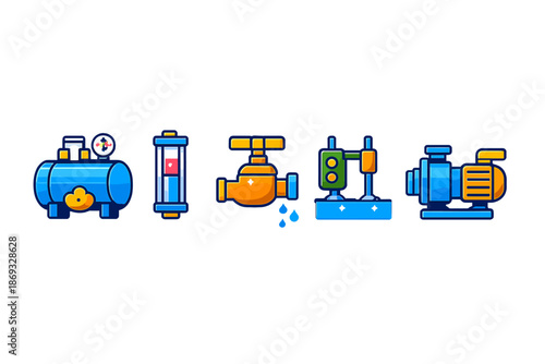 Set of stylized flat icons for pumps and fluid control equipment