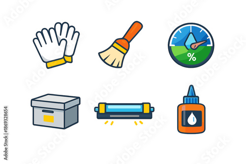 Set of six cartoon icons with tools and supplies