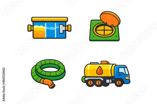 Collection of cartoonish sanitation and utility icons