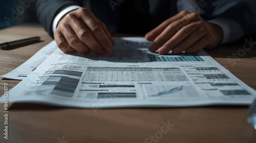 Businessman analyzing financial newspaper at desk