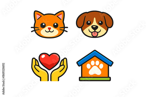Cute cartoon cat and dog faces with heart and dog house icons