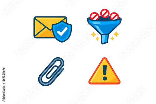 Set of Four Digital Icons Representing Security, Filtering, Attachments, and Warnings