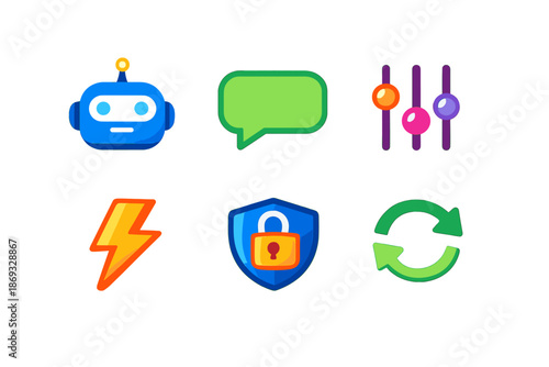 Digital icons with neon glow effect on a dark background