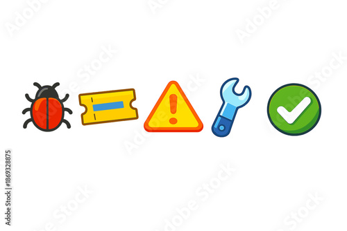 Set of icons for bug, ticket, warning, tools, and success
