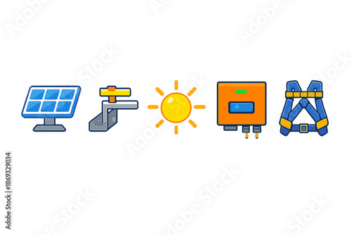 Solar energy components with sun and safety harness icons