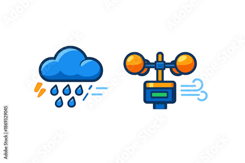 Weather icons: cloud with rain and lightning and anemometer with wind
