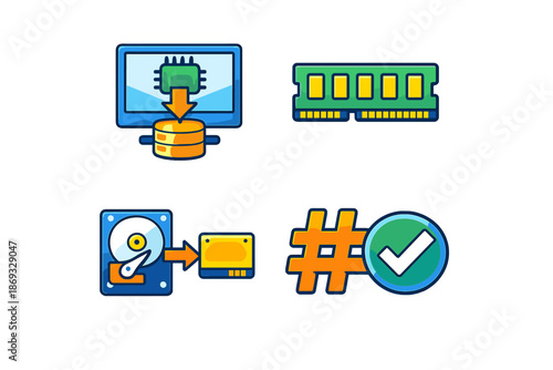 Computer hardware icons set on a dark background