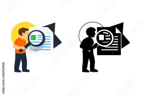 Man examining document with magnifying glass, dark silhouette contrast