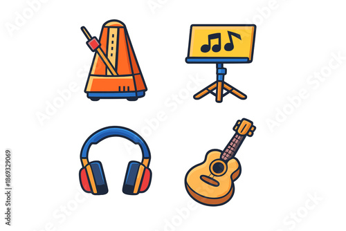 Collection of four musical instrument icons on a dark background