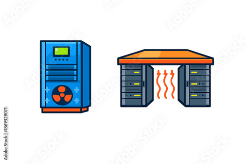 Server rack with glowing heat and cooling fan tower