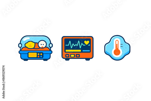 Medical icons set: incubator, heart monitor, thermometer