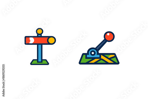 Cartoon icons of a directional signpost and a railway switch