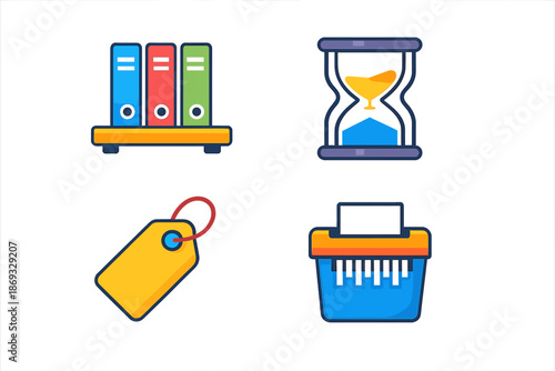 Flat vector icons of office supplies and office equipment